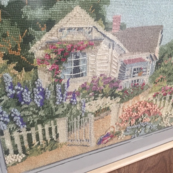 Hand Crafted Art Vintage Needlepoint Artwork Country Cottage House